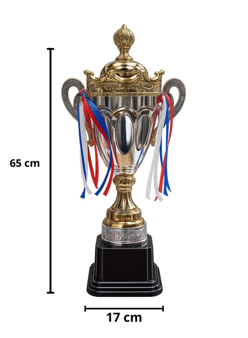 A luxurious championship trophy with a classic design.  This high-quality trophy features an elegant design combining gold and silver with intricate details that reflect luxury and sophistication. Equipped with a sturdy black base for excellent stability, it is an ideal choice for various sporting championships, official events, and award ceremonies - Image 1